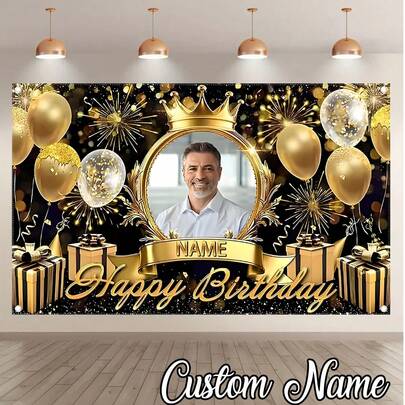 1pc - Customized Happy Birthday Background, Customized Black Gold Theme Printed Poster - Personalized Birthday Party Custom Photo And Name Poster - Suitable For Party Decorations, Birthday Gifts, Gallery Decor And Photo Props, Party Decorations, Unique Personalized Photography Background And Display, Aesthetic Party Backdrop