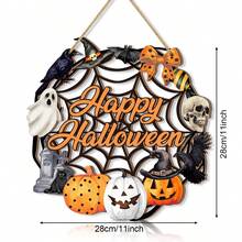 1/110pcs Available 2D Halloween Happy Horror Pumpkin Ghost Spider Web Ring Wooden Wall Decoration Signs Halloween Theme Wall Hanging Signs, Trick Or Treat Party Decoration, Restaurant Decoration, Room Decoration, Home Decoration - Multicolor - View 2