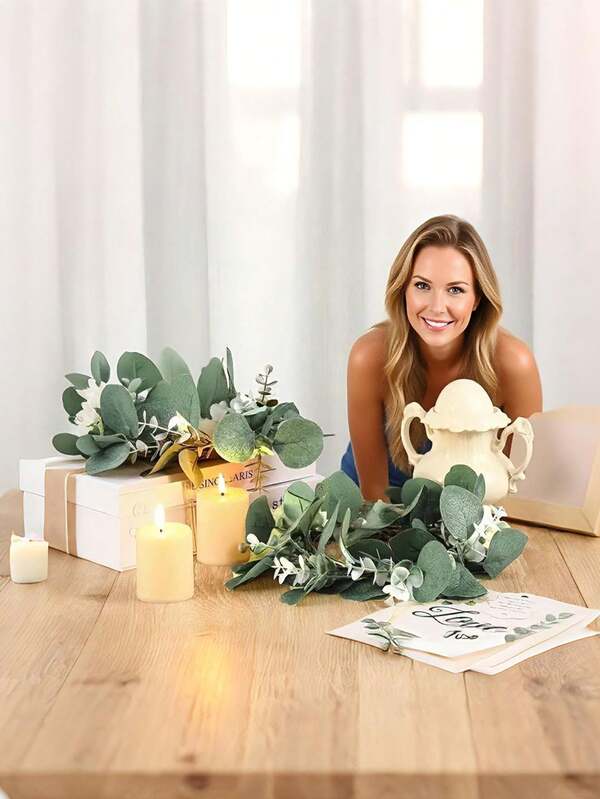1/2pcs Artificial Silver Eucalyptus Wreath Faux Greenery Wreath With White Flowers, Artificial Plastic Green Plants Garden Style Simulation Eucalyptus Foliage Candle Rings Door Mount Decoration, For Christmas, Halloween, Easter, Thanksgiving, Holiday Decor, Table And Home Decor, Indoor Outdoor Decor, Contemporary Design Wedding Decor, Artificial Foliage Stylish Candle Holder Wreath, Back To School Supplies Holiday Essentials Gift