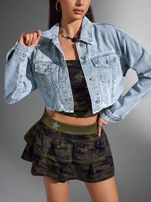 Jeanoix Chaqueta de denim desgastada y recortada con bordes deshilachados