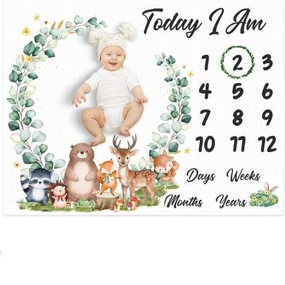 婴儿成长里程碑毯，男女宝宝通用，花朵动物图案，新生儿摄影背景，带指示牌