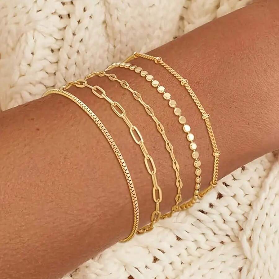 5pcs Boho Chic Multi-Layer Women'S Bracelet Set - Lightweight & Simple, Golden Tone Iron Bangles With Textured Design - Versatile Jewelry For Daily Wear & Special Occasion - Vàng - Xem 1