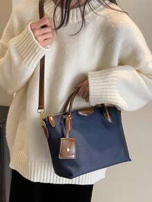 Nueva bolsa cuadrada portátil de tela de nailon impermeable de unicolor con doble asa, se puede colgar, adecuada para viajar, comprar y desplazarse, bolso bandolera vintage con hebilla de aguja, bolso de mano de gran capacidad - Azul - Ver 8