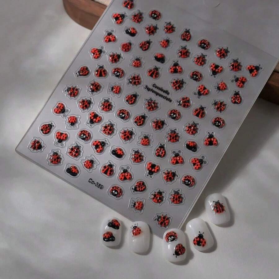 5D Embossed Cute Seven-Star Ladybug Waterproof Nail Stickers - Vibrant Orange & Black Design, Self-Adhesive Nail Art Decals For Manicures & Pedicures, Easy To Apply &, 15-Count Pack, Ladybug Nail Art Sticke - 紅色+黑色 - 查看 1