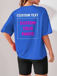 Customized Personalized Gift, Customized Women's T-Shirt, Customized Front And Back Graphic Top, Add Your Photo (Pattern/Logo/Family Portrait/Selfie/Pet/Couple Photo) - Blue - View 3