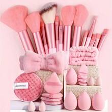 Conjunto de 13 a 33 pincéis de maquiagem, incluindo sombra, base, corretivo, blush e iluminador, com estojo para armazenamento. Ideal para cosméticos femininos e ferramentas de beleza. - Rosa - Ver 12