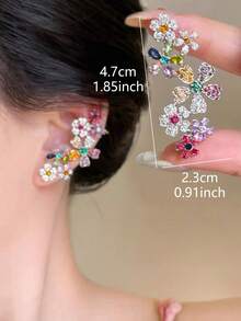 1 Pair Fashionable Party Colorful Floral Crystal Luxurious Unique Design Ear Cuff Earrings, Elegant & Exaggerated Design For Women - Color-silver - View 4