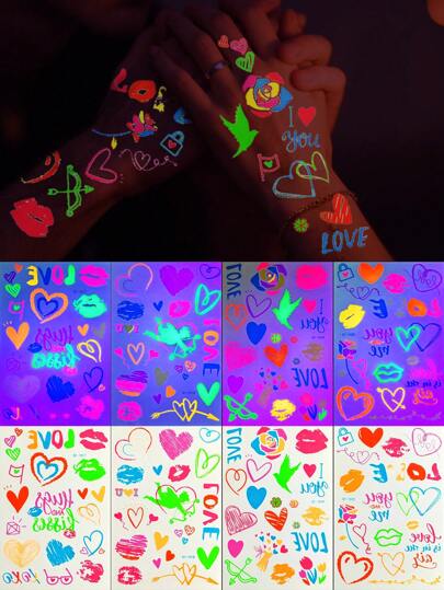 4 hojas de tatuajes temporales fluorescentes neón, pegatinas de tatuaje temporal con forma de corazón labial fluorescente, pegatinas de tatuaje temporal resistentes al agua para el Día de San Valentín y fiestas de música y vuelta al colegio