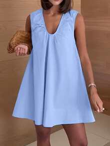 Women's Casual Short Dress - Solid Color Ruffle Collar, Suitable For Spring, Summer, Autumn Beach Vacation | Everyday Wear Babydoll - Blue - View 5