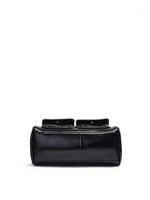 女士复古纯色 PU 皮革单肩包，带多个口袋，容量大，配有可拆卸配饰饰物 - 黑色 - 查看 5