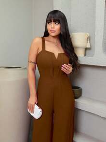 Duna Long Jumpsuit, Elegant, Wide-Leg, Thick Strap, Ruched V-Neckline - Rỉ Nâu - Xem 3