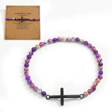 Bracciale da uomo con croce in metallo color acciaio, accessori metallici cool e hardcore con perline di calcedonio rosso cremisi lucido da 4 mm e pietre preziose