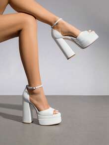 New Arrival Women's Fashion Ankle Strap Platform Chunky Heel Sandals, Sexy Peep Toe Ultra High Heel Sandals For Dating, Nightclubs And Everyday Wear - 白色 - 查看 4