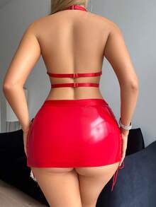 2 件套女士性感内衣角色扮演服装，带环扣装饰深 V 文胸和吊带迷你裙 - 紅色 - 查看 3