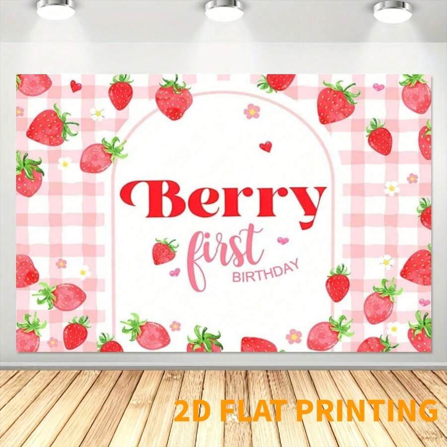2DPink Gingham Berry First Birthday Backdrop Strawberry First Birthday Background Berry Sweet Birthday Backdrops Cake Table Decorations - Type a - View 1