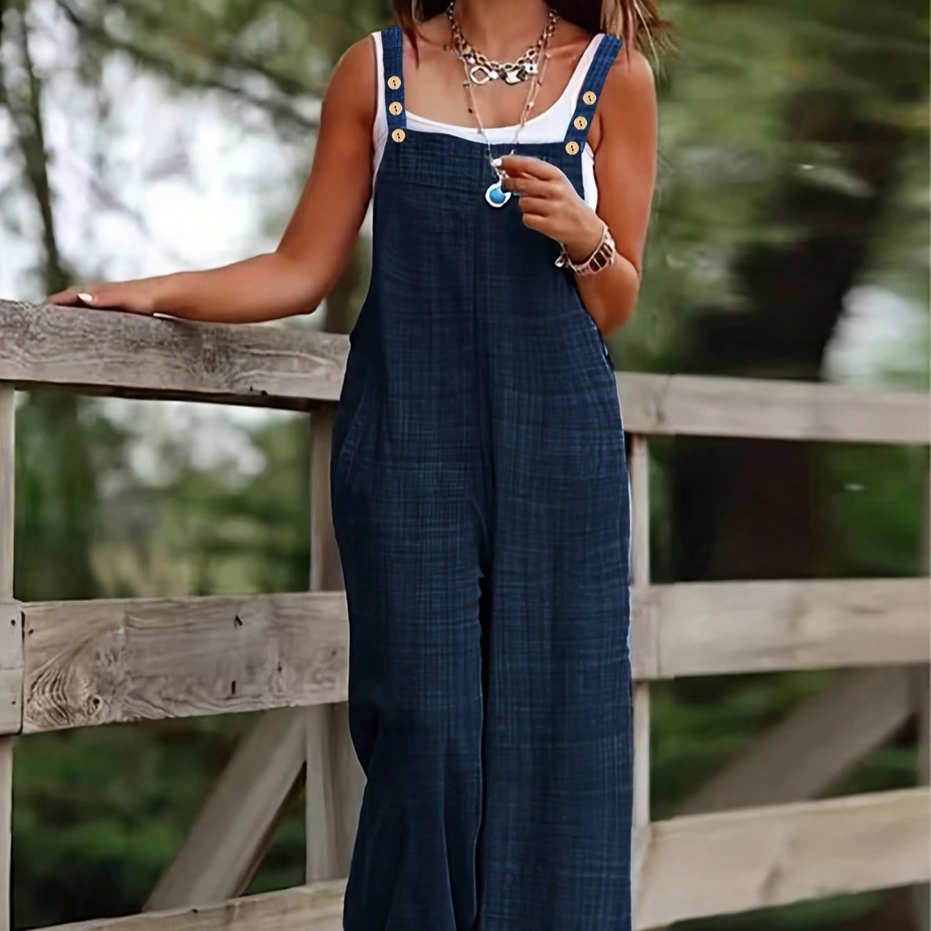 Women's Vintage Denim Effect Fabric Plus Size Jumpsuit, Square Neck, Button Detail, Long Overalls, With Pockets
