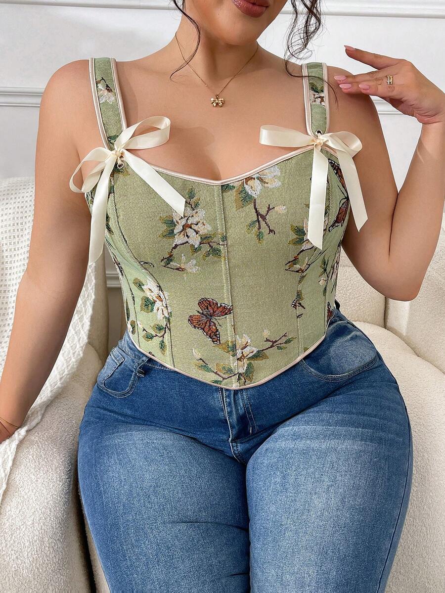 Plus Size Vintage Green Floral Corset | Butterfly Print Bow Straps Slim Fit Top