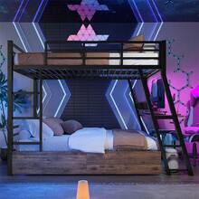 Sairedel Loft Bed, 140 X 200 Cm, Iron Frame, LED Strip, Drawers, Railing, Stairs, Desk, Without Mattress, Black