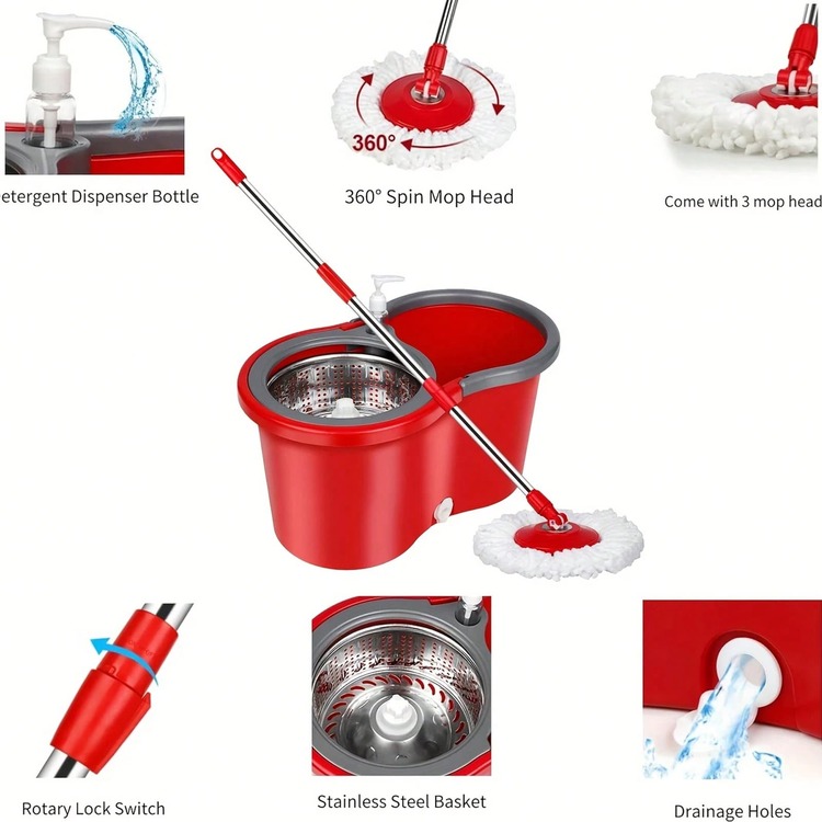 Spin Mop And Bucket Set, 360° Spin Mop And Bucket With Wringer Set And 3 Microfiber Mop Refills, Stainless Steel 61" Extended Handle Spinning Mop Bucket System For Floor Cleaning - Đỏ - Xem 3