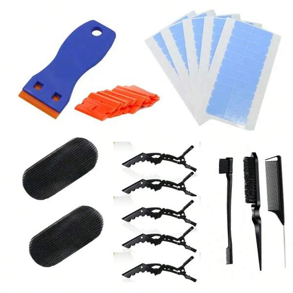 20pcs Hair Extension Tool Set - Includes Black Alligator Clips, Adhesive Tape, Scraping Tool, Styling Partition Clips, And Pointed Tail Combs For Easy Hair Extension Application, Hair Extension Accessories | Stylish Hair Tools