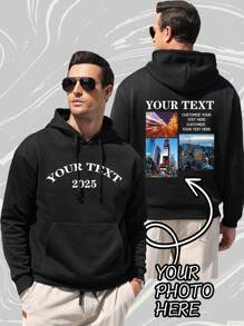 Customized Photo & Text Men's Hoodie Sweatshirt, Personalize With Your Own Image, Landscape/Cartoon/Lover/Family, Text/Name/Blessing/Holiday/Anniversary, Customized Text, Birthday/Valentine's Day/Father's Day/Party/Birthday Gift, Halloween/Back To School/Christmas Holiday, Autumn/Winter Clothing, Gift For Him Black Tops, Men's Fleece Hoodie, Autumn/Winter Fleece Casual Pullover Hoodie, Men's Black Jacket, Best Friend Gift