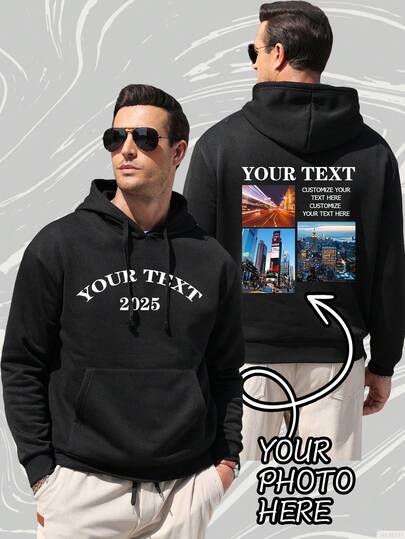 Personalized Men's Hooded Sweatshirt With Customizable Images And Text. Customize Your Images (Landscapes, Anime, Lovers, Family), Text (Names, Blessings, Holidays, Anniversaries), Personalized Text, Birthday/Valentine's Day/Father's Day/Party/Anniversary Gifts, Valentine's Day Gifts, Party Outfits, Autumn/Winter Clothing, Men's Thermal Lined Sweatshirt, Autumn/Winter Thermal Lined Casual Pullover Hooded Sweatshirt, Men's Black Jacket, Best Friend Gift