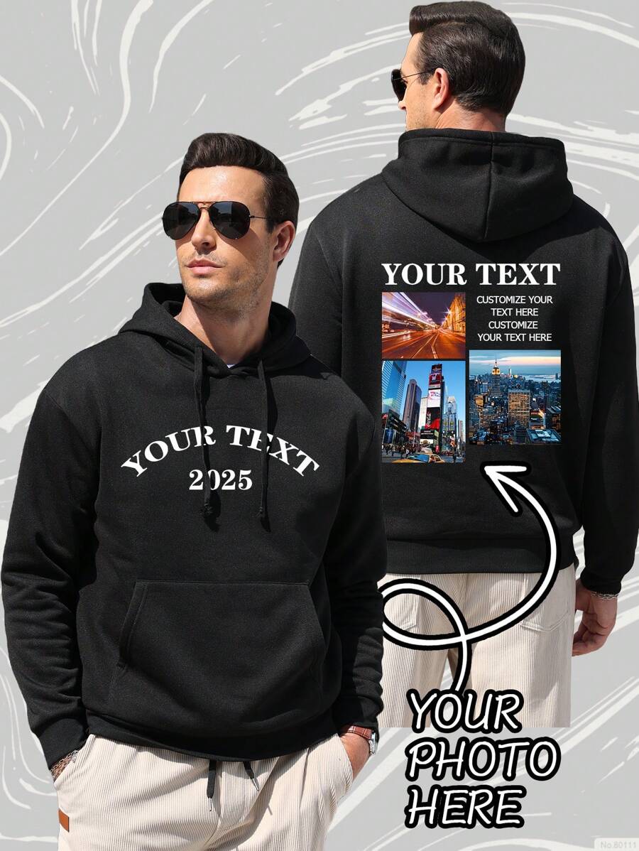 Customized Photo & Text Men's Hoodie Sweatshirt, Personalize With Your Own Image, Landscape/Cartoon/Lover/Family, Text/Name/Blessing/Holiday/Anniversary, Customized Text, Birthday/Valentine's Day/Father's Day/Party/Birthday Gift, Halloween/Back To School/Christmas Holiday, Autumn/Winter Clothing, Gift For Him Black Tops, Men's Fleece Hoodie, Autumn/Winter Fleece Casual Pullover Hoodie, Men's Black Jacket, Best Friend Gift