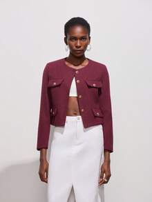 女士优雅休闲粗花呢夹克春秋时尚圆领装饰长袖纯色外套 - 酒紅色 - 查看 7