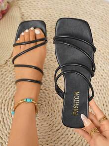 女士几何镂空凉鞋，通勤拼色交叉带设计，时尚度假沙滩鞋，透气软底，时尚露趾编织拖鞋，百搭 - 黑色 - 查看 5