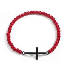 Bracciale da uomo con croce in metallo color acciaio, accessori metallici cool e hardcore con perline di calcedonio rosso cremisi lucido da 4 mm e pietre preziose