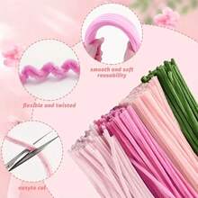 372/150pcs Craft Supplies Kit: Pink & Green Chenille Stems, Step-By-Step Video Tutorial, Green Floral Wire, Gardening Tape, Stamens, Suitable For Bouquet Crafts, Creative Gifts And Party Decorations. Flexible Chenille Stems For DIY Projects And Decor, Ideal For Holidays, Graduations And Celebrations. - Multicolor - View 9
