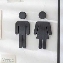1pc Wooden Bathroom Sign, Upright Style Restroom Door Plate, Unisex Toilet Sign, - Black - View 2