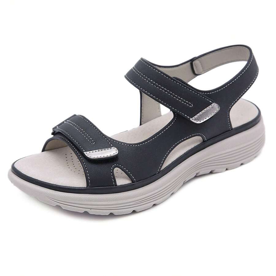Summer 2025 Women's Soft Leather Sandals With Sporty Wedge Heels, Lightweight With  Fastening, Large Size Slippers For - Black - View 1