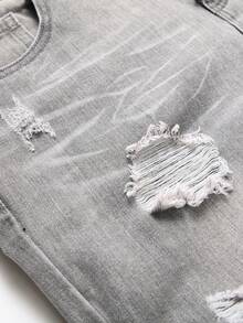 Ripped Jeans For Men Classic Mid Waist Grey Denim Pants Comfort Soft Fashion Casual Trousers Streetwear - 灰色 - 查看 4