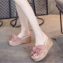 Suela gruesa, pendiente de sandalias, talón de moda femenina, nuevas zapatillas de verano, uso exterior y lazo de suela de pana de Fregona,Plataformas y sandalias de cuña para mujer - Rosa - Ver 4