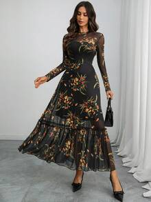 Women's Gothic Elegant Long Dress, Black Base, Colorful Floral Print, Mesh Round Neck Long Sleeve, Fitted Waist, Ruffle Hem Spring - Multicolor - View 4
