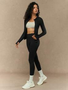 Yefecy 女士纯色拉链运动外套和高腰紧身裤套装，适合瑜伽、健身、跑步、休闲运动和其他场合，黑色春季款 - 黑色 - 查看 3