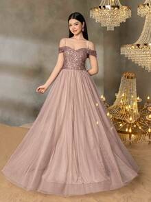 ALISA&LEO Teen Girls' Sequin A-Line Evening Gown - Off-Shoulder Sweetheart Neckline, Sheer Tulle Skirt & Fitted Sequin Bodice For Graduation Proms, Wedding Guest Outfits, Formal Dinners & Luxury Galas