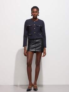 女士优雅休闲粗花呢夹克春秋时尚圆领装饰长袖纯色外套 - 藏蓝色 - 查看 6