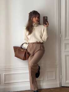 VIBEWAVE Autumn/Winter Beige Crew Neck Chunky Soft Knit Sweater Ribbed Cuffs Loose French Vintage Commuter Versatile Pullover Top - Apricot - View 5