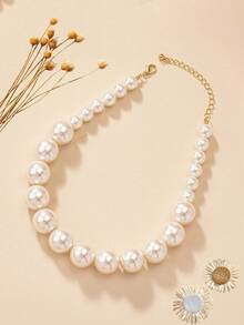 1 Vòng cổ ngọc trai lớn phóng đại cổ điển thời trang, dây chuyền, thích hợp cho phụ nữ đeo trong các bữa tiệc hàng ngày, vòng cổ to bản, trang sức cổ điển cho phụ nữ, vòng cổ quyến rũ - Màu be - Xem 2