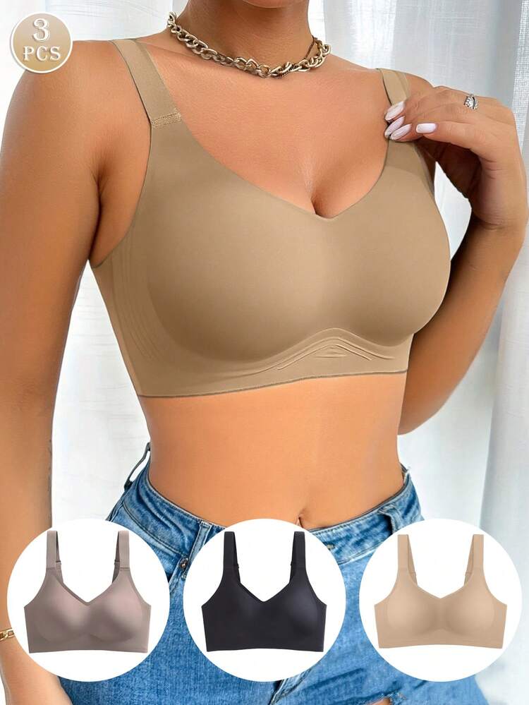 3pcs Women's Comfortable Minimalist Lingerie Set, Lightweight & Sexy, Non-Sagging Bra, Wireless Sports Bra, Summer - Multicolor - View 3