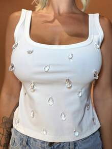 Manon Tanti Crystal Embellished Ribbed Tank Top Summer Crop Vest Party Club Evening Glamour Y2K Fashion Sleeveless Diamond Detail Camisole - View 4