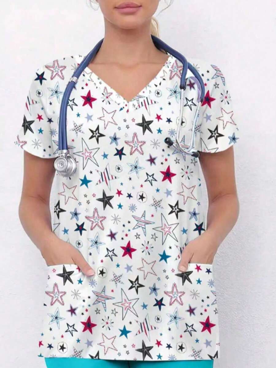 POPScrub Stern Muster Kurzarm/Kasack Uniform Top, Sommer Krankenschwester Uniform Top, Krankenschwester Uniform Set. Damen Mode Lässig Sport Kasack Top, Businesskleidung, Damen Sommer Strandbluse, Top mit süßen Seesternen, sternenhimmel Muster - Weiss - Übersicht 1