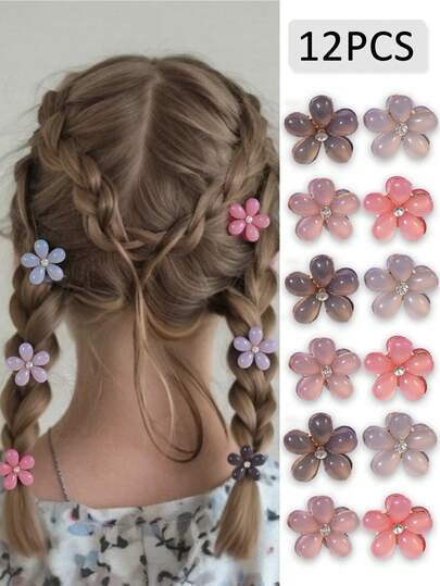 12 件女孩迷你合金树脂小花朵小抓夹发饰