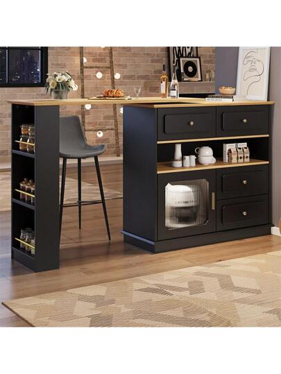 Sairedel Extendable Bar Tafel Storage Space (125 181*39*104.5cm), 360° Rotatable Dining Table, Moderne Movable High Kitchen Isl Bistro Sideboard Cabinet Shelves Glass, Zwart