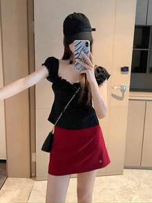 Vintage Red Sexy Bodycon Mini Skirt, High Waist Slimming A-Line Skirt For Women, Autumn