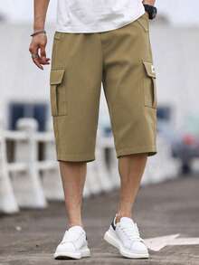 1 件青少年男孩宽松休闲工装短裤，百搭及膝口袋印花短裤，春夏秋季 - 卡其色 - 查看 2