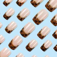 MFrench Tip Pr On Nails Medium Square Fake Nails With Leopard Print Designs Glossy Full Cover Nude Glue On Nails Cheetah Nails Acrylic Stick On Nails For Coquette Women Girls 24 Pcs8001 - 棕色 - 查看 4