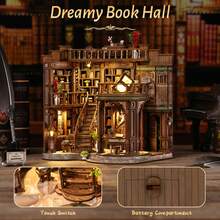 3D Puzzle Library Bookshelf Kit, DIY Miniature House Building Model, Wooden Craft Decor, Christmas & Birthday Gift